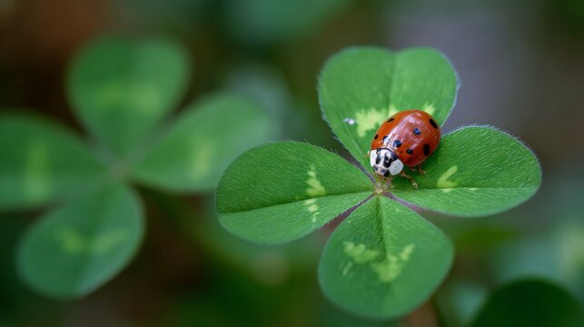 Ladybug resting on three leaf clover leaves in a lush green garden, charming red insect exploring fresh clover foliage, springtime nature wildlife, macro close-up, peaceful outdoor scene, natural bota