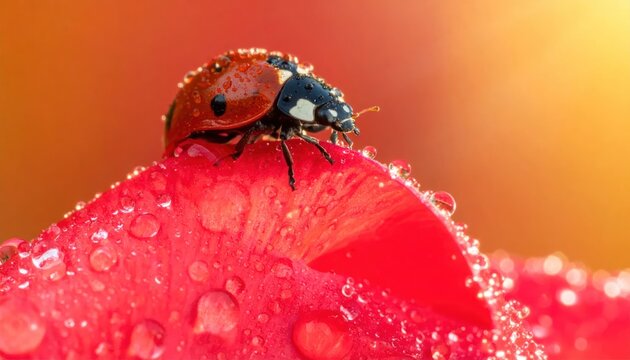 Ladybug with dew drops on red rose petal at sunrise