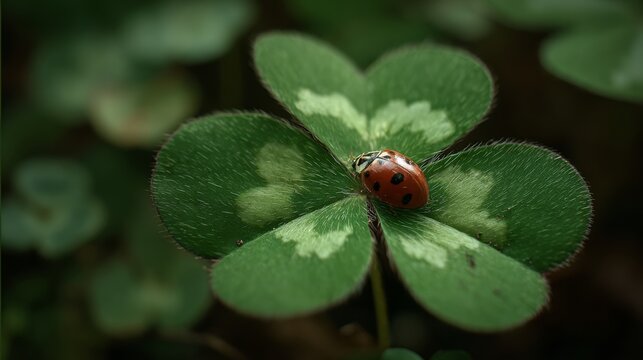 Ladybug resting on three leaf clover leaves in a lush green garden, charming red insect exploring fresh clover foliage, springtime nature wildlife, macro close-up, peaceful outdoor scene, natural bota
