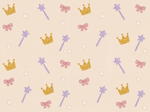 Cute seamless pattern with crowns wands and bows wallpaper