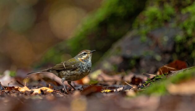 Small bird standing on autumn forest floor with leaves