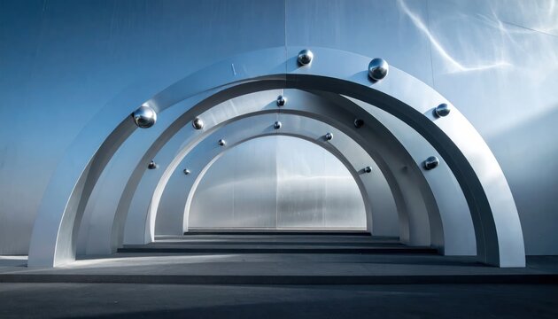 Futuristic metallic archway with silver spheres and blue lighting