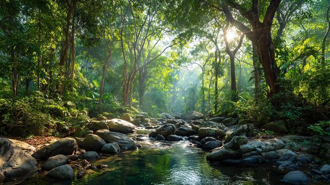 Tropical forest landscape panorama for ecology, sustainability and tourism
