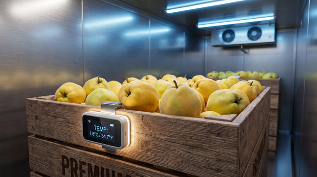 Smart IoT temperature sensor monitoring fresh quince in a refrigerated cold-chain storage facility