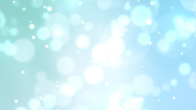 幻想的に輝く光の粒子と玉ボケが舞うミントグリーンとスカイブルーの背景イラスト素材/ Abstract glowing particles and bokeh background on mint green and sky blue gradient
