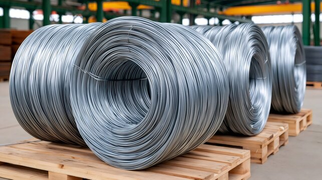 Steel wire rods forming industrial coils on pallets