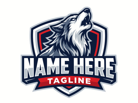 A fierce and stylized wolf head mascot logo howling, set against a shield emblem with banner text placeholders for a team name and tagline, in blue, red, and white colors.