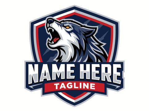 A fierce wolf head mascot logo howling within a shield emblem, featuring bold blue, red, and white colors, suitable for sports teams or gaming.