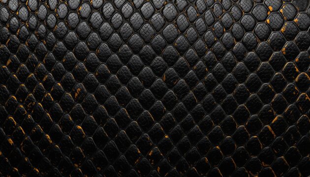 Photorealistic macro texture of king cobra skin with closely packed hexagonal scales. Striking contrast pattern of deep charcoal black and brilliant metallic gold edges