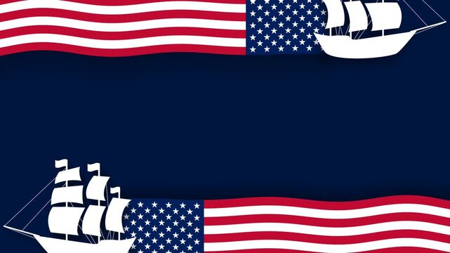 Animated Columbus Day Frame Background with US Flag Waving and Sailing Ships Silhouette.