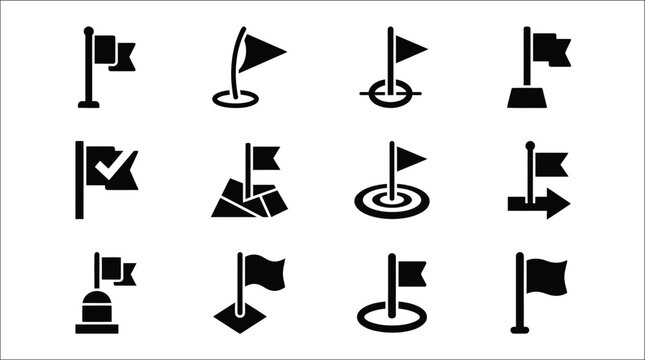 Set of black and white flag and arrow icons
