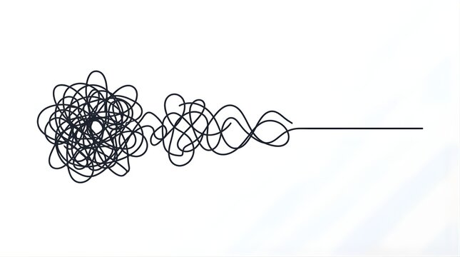 Abstract continuous line art showing transition from confusion to clarity on white background