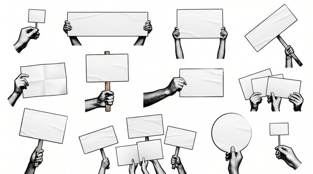 Mixed media hands holding placards and banners set. Crumpled paper blank protest or demonstration signs in halftone style. Empty sign on stick for activism messages and announcement mockup.