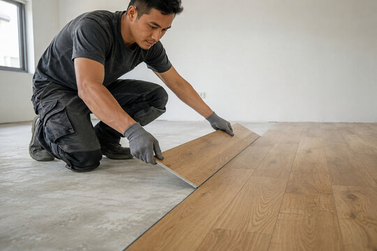Asian flooring installer fitting SPC click lock flooring in modern home