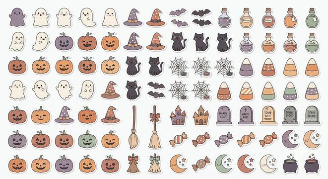 Massive Halloween spooky cute mega bundle doodle sticker set, pastel aesthetic pumpkin ghost witch hat vector icons isolated on white background