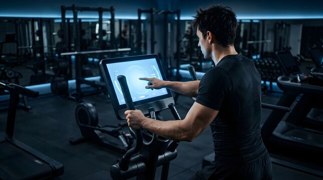 Athletic man using digital touchscreen on elliptical machine in gym