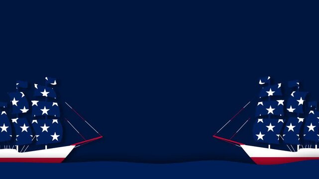 Columbus Day Background Animation with Patriotic Sailing Ships on Ocean.
