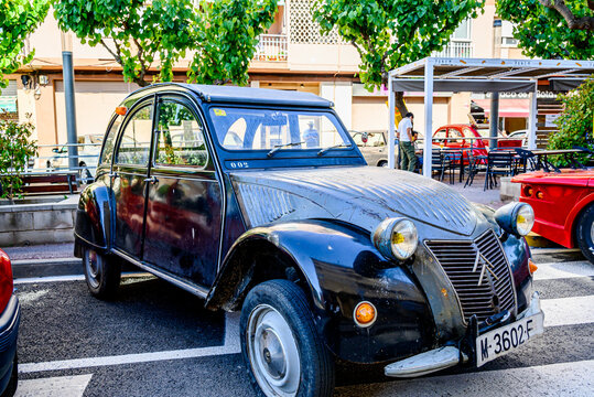 Santa Margherita de Montbui, Barcelona; May 23, 2026: Classic car exhibition, a black Citro&euml;n 2CV.