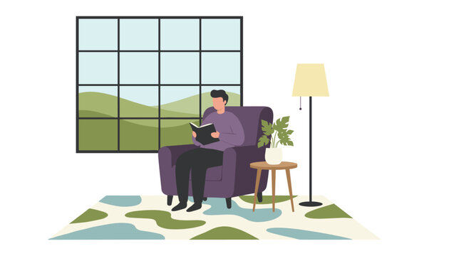 Comfortable interior scene shows a man peacefully reading a book in a large armchair next to a lamp and a window.