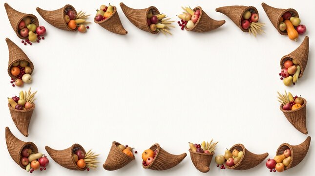 Thanksgiving cornucopia horn frame with autumn harvest vegetables isolated on white background