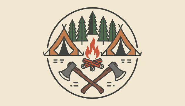 Circular vintage style camping emblem featuring two tents, a bonfire, pine trees, and crossed axes on a warm cream background.