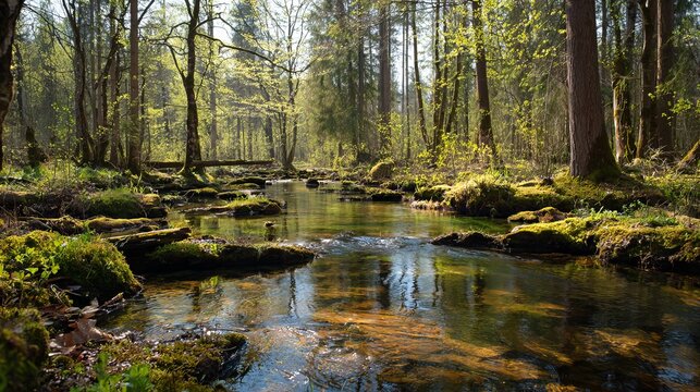 Peaceful river flowing through a lush green spring forest landscape