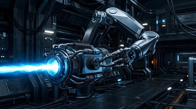 Futuristic robotic arm holding glowing plasma device in dark industrial laboratory