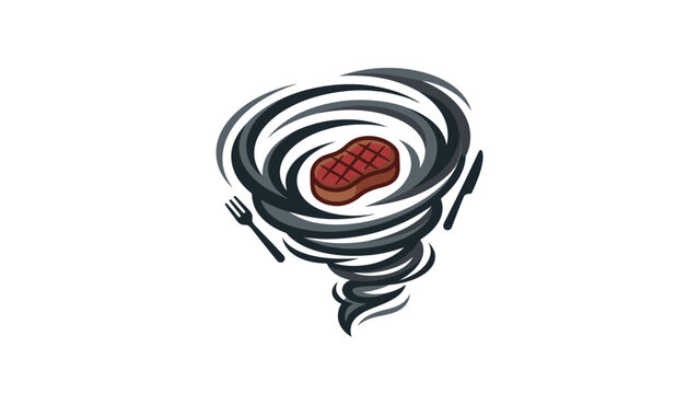 Steak restaurant logo design featuring a grilled beef steak inside a tornado swirl with a fork and knife icon isolated on white background.