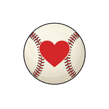 A pristine off-white baseball with prominent red heart-shaped stitching, isolated on a transparent background in a clean vector style, representing a love of the game concept