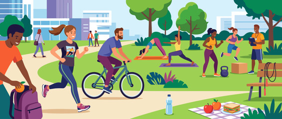 Fototapeta premium People Exercising Running Cycling and Gardening Outdoors.