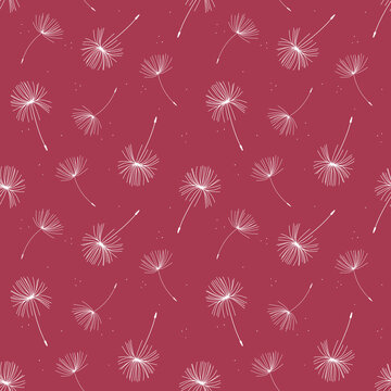 Seamless paper pattern with white hand-drawn dandelions on a red background
