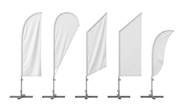 Set of five white blank feather flags isolated on transparent background, realistic 3d promotional signage mockups for outdoor event branding and marketing display, png graphic element