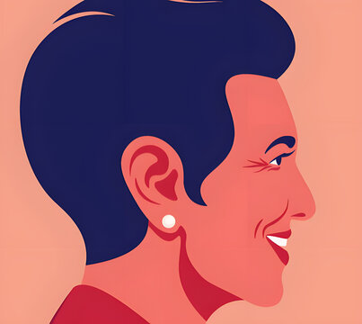 Profile portrait of a smiling woman with short dark hair in a flat vector illustration style.