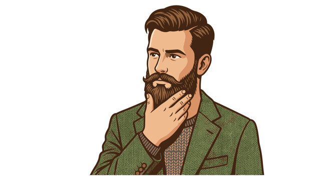 Pensive bearded man thinking with hand on chin vector