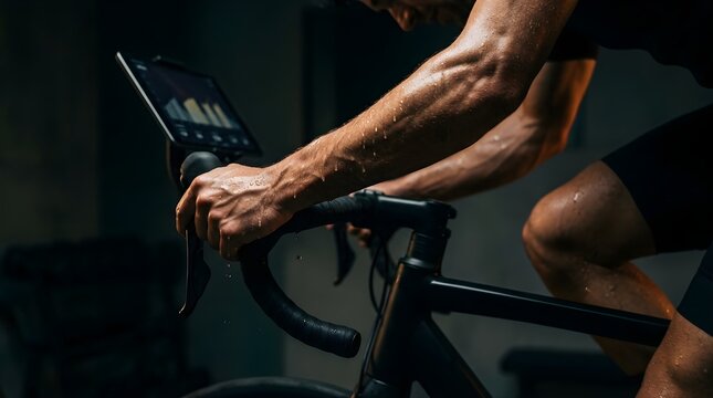 Man exercising on indoor stationary cycling bike with digital monitor