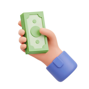3D cartoon hand holding a stack of green paper money banknotes isolated on a transparent background cash