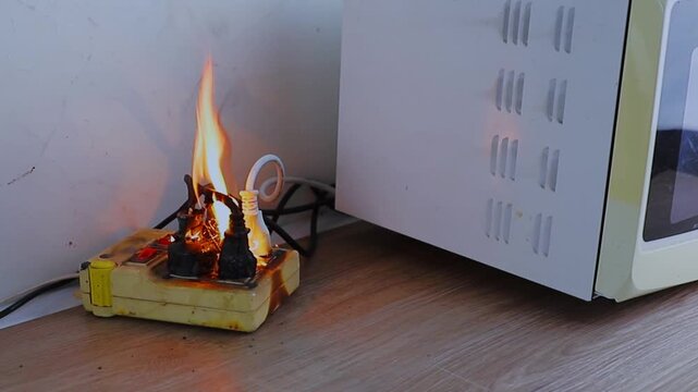 Dangerous fire flames burning overloaded electrical power strip on wooden floor near household appliances. Electric hazard, short circuit risk, and home insurance concept.
