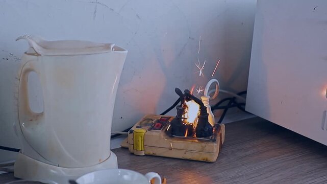 Dangerous electrical short circuit with bright sparks flying from faulty overloaded power strip plug. Electric fire hazard concept on isolated black background.