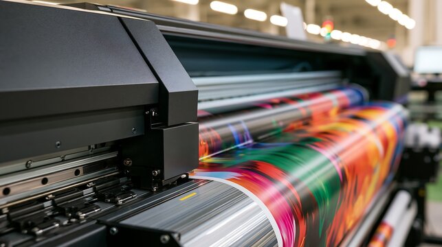Large format industrial printer producing colorful graphic print isolated on transparent background. Ideal for commercial printing services and marketing production concepts.