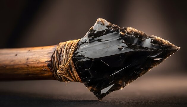 Macro studio photography of an ancient obsidian spearhead lashed to wooden hunting shaft.