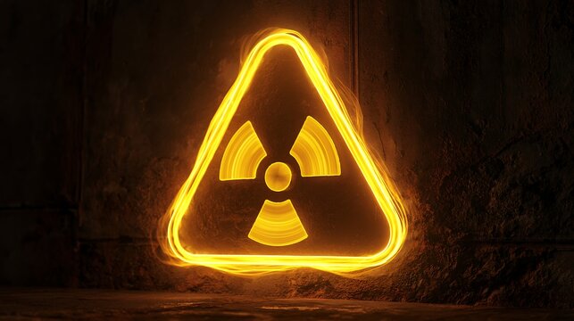 Glowing yellow radioactive warning sign isolated on transparent background. Ideal for industrial safety projects or environmental energy conceptual themes.