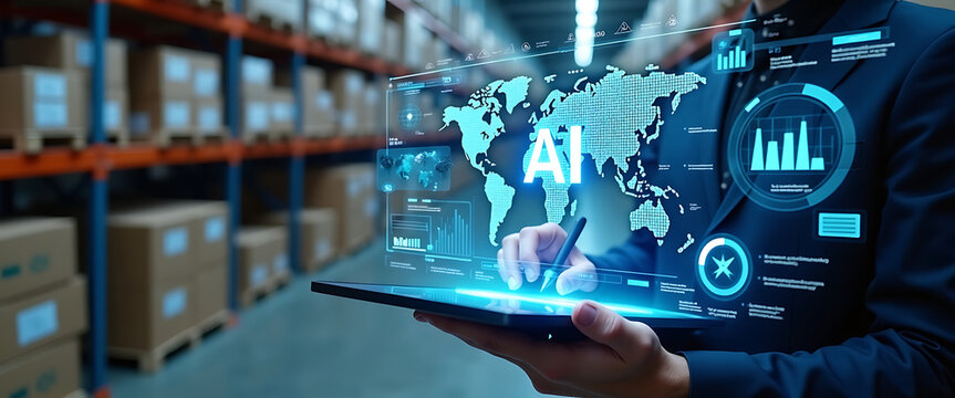 Man analyzing global supply chain data with artificial intelligence technology on tablet.