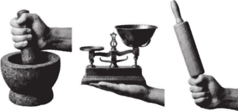 Halftone textures combine mortar pestle antique scales and rolling pin in a conceptual culinary theme