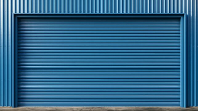 Blue industrial rolling shutter door isolated on transparent background. Ideal for warehouse, logistics, or secure building entrance concepts.