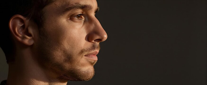 Captures Close Profile Of Adult Male With Gaze Directed Camera Left Facial Defined Showcasing Strong Jawline Prominent Cheekbones