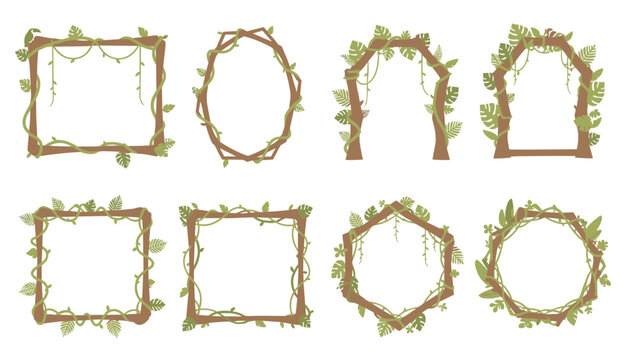 Collection of decorative jungle themed frames made from wooden branches vines and tropical leaves arranged for creative photo displays.