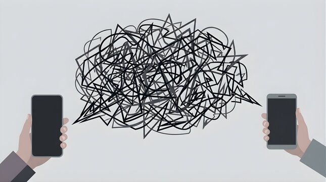 Two hands holding modern smart devices with a chaotic tangled scribble cloud between them on a light background