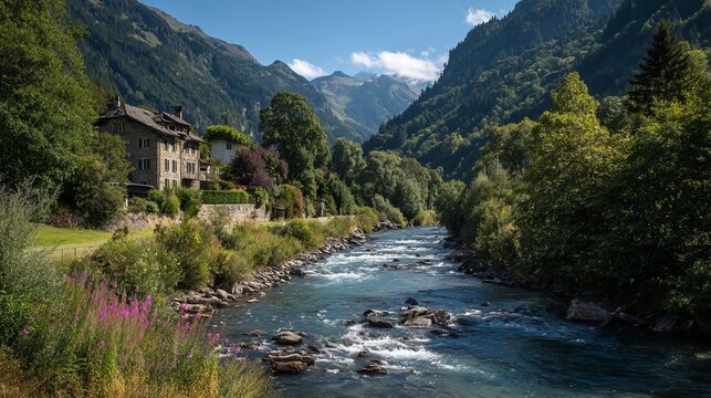 Swiss alpine landscape with river stream and traditional houses