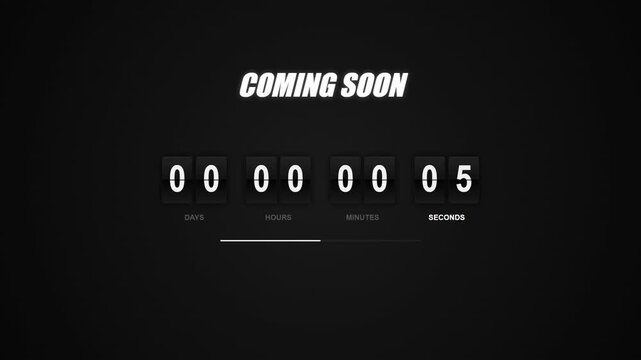Countdown timer with flipping mechanical digits and coming soon text on dark surface