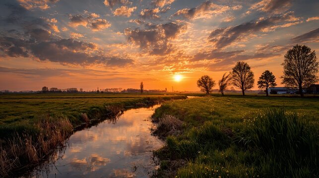Dutch polder landscape near gouda, holland during a golden sunset